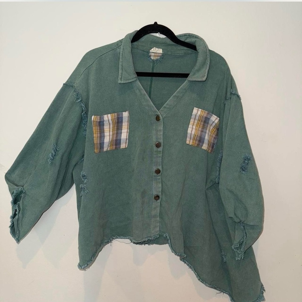 Green Distressed Button-Up Shirt with Plaid Pockets